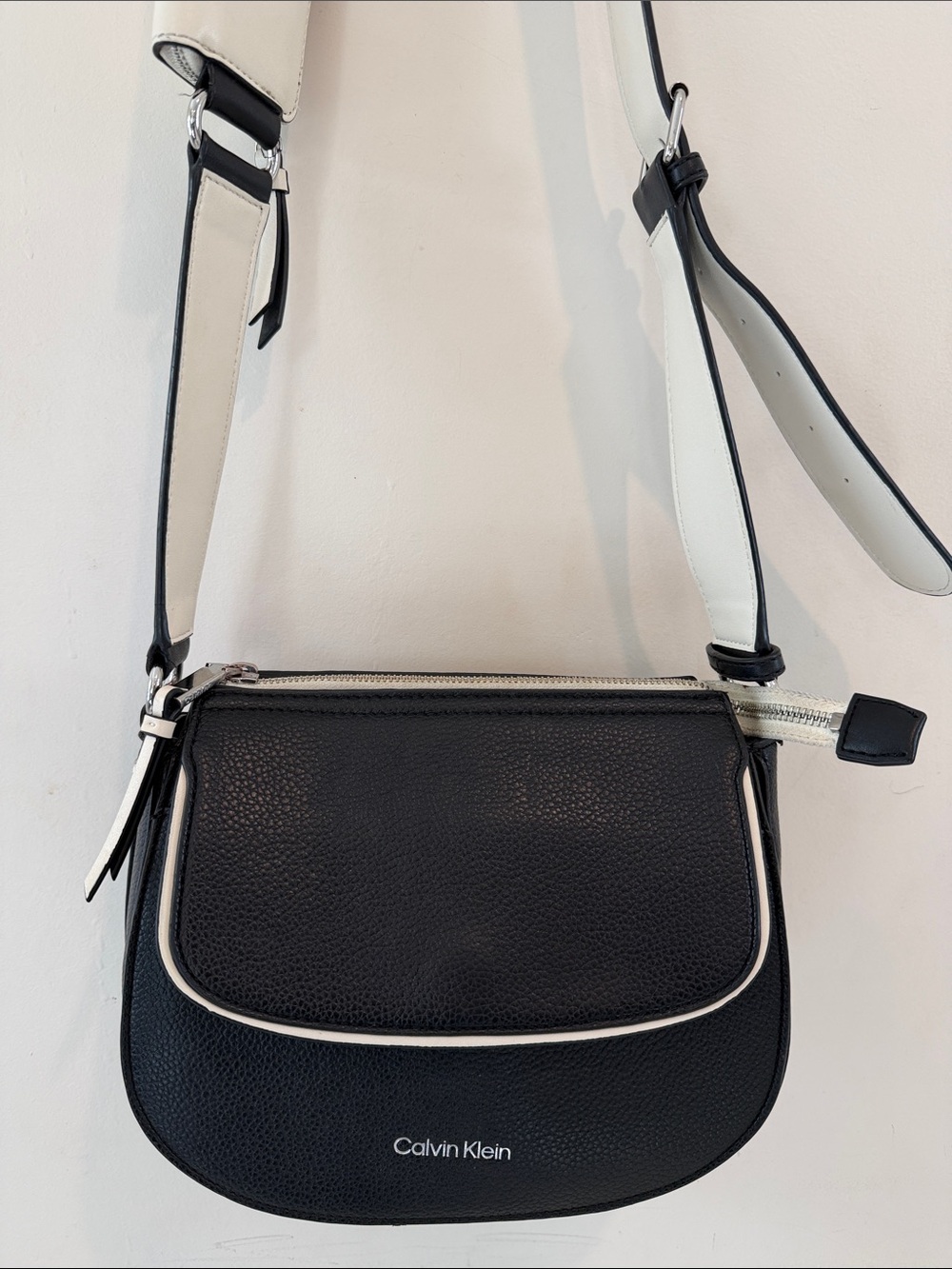 Calvin Klein Black and White Pebble Leather Crossbody With Extra Pouch on Strap
